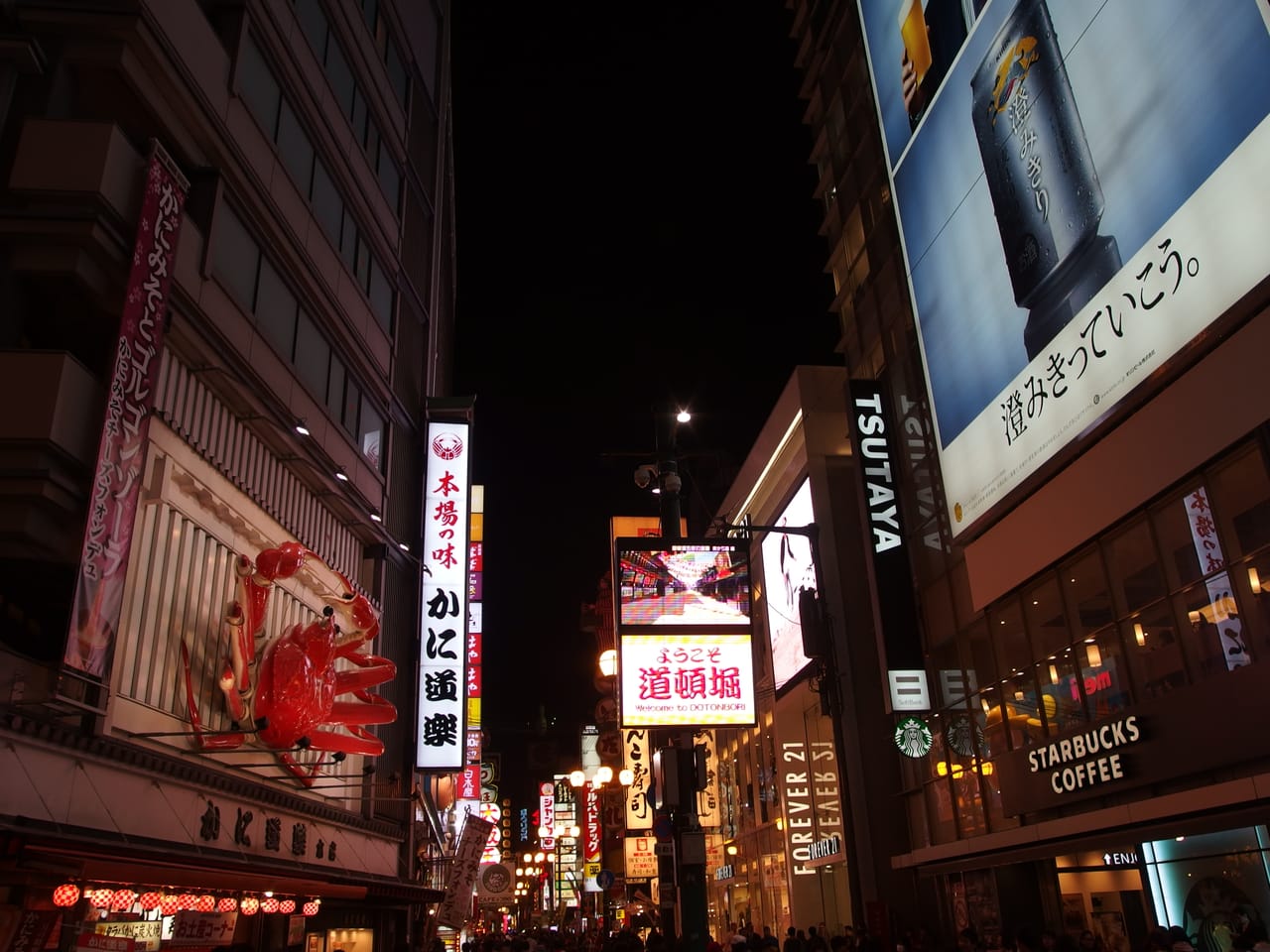 大阪道頓堀夜景：運河兩岸霓虹招牌與固力果跑跑人廣告燈