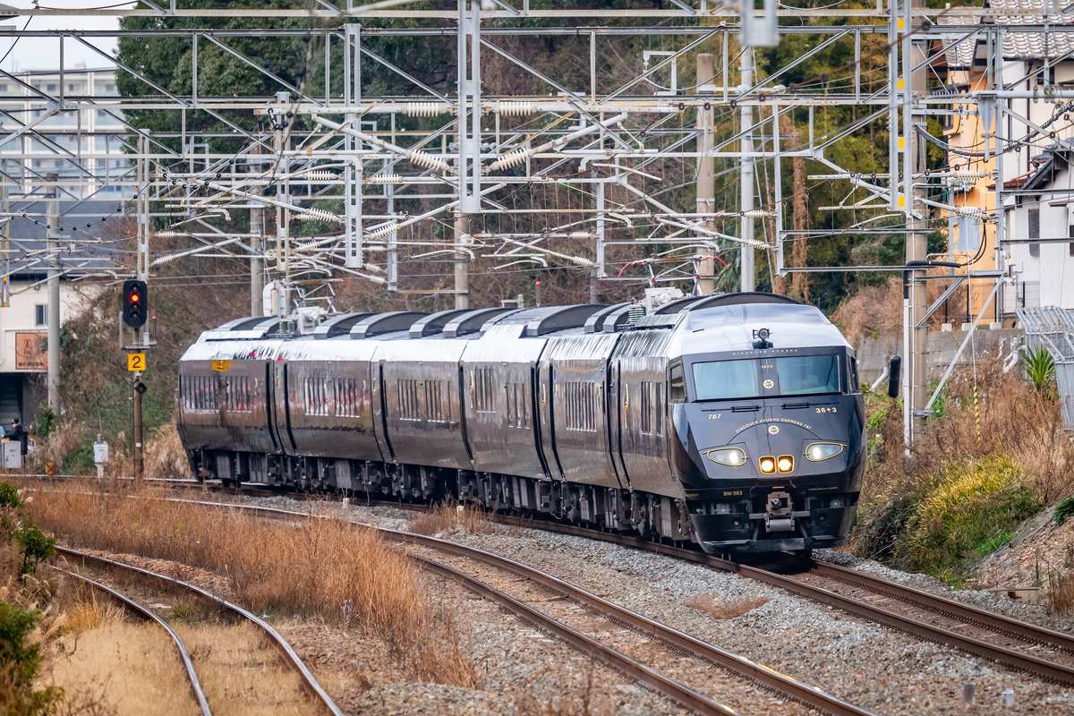 冬天陰天的白晝,36ぷらす3 沿著彎道駛來,黑色車身一節接一節排到遠處,頭頂是密密麻麻的架線支柱,路旁是枯黃的草叢與住宅