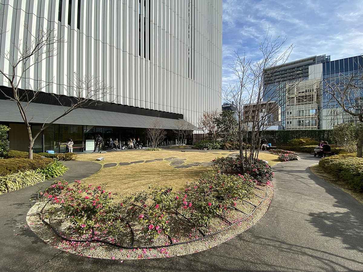 The Kabukiza's fifth-floor roof garden in winter: a dormant lawn crossed by stepping stones, a curved bed of pink camellia in bloom in the foreground, bare deciduous trees, people seated on benches outside a glass-fronted tea room at the left, and the vertical white louvres of the Kabukiza Tower directly above