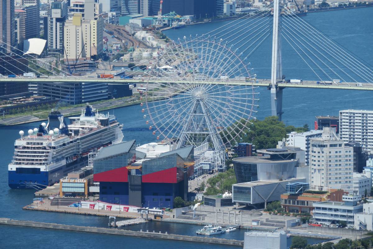 從高處俯瞰天保山港區:中間是紅藍格紋外牆的海遊館,正後方是白色的天保山大摩天輪,左邊碼頭停著一艘大型郵輪,遠處是斜張橋與大阪市區