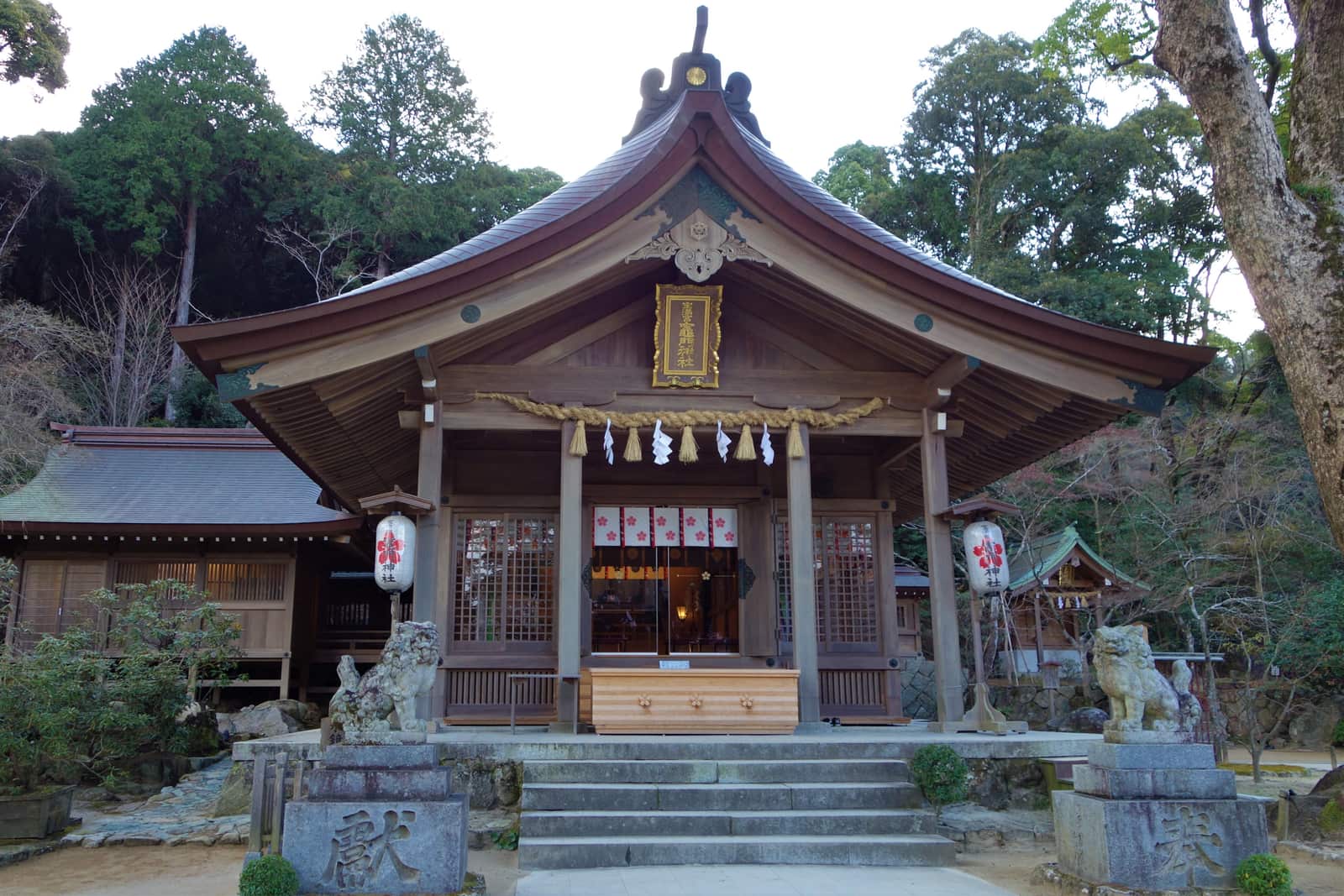 The vermilion halls of Homangu Kamado Shrine against the forested slopes of Mount Homan in Dazaifu, Fukuoka (illustrative)