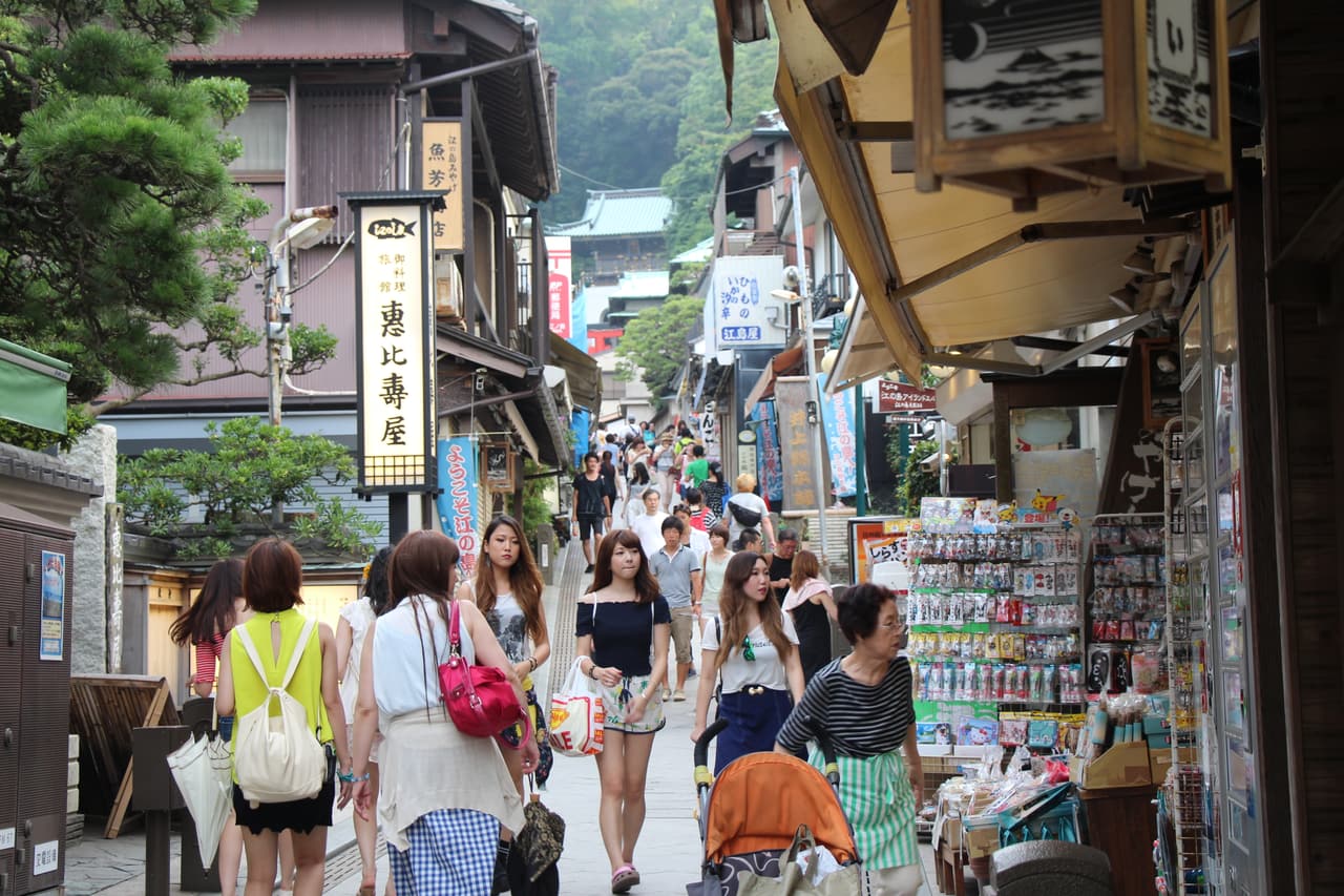 A panorama of Enoshima island with its observation tower and the bridge to the mainland