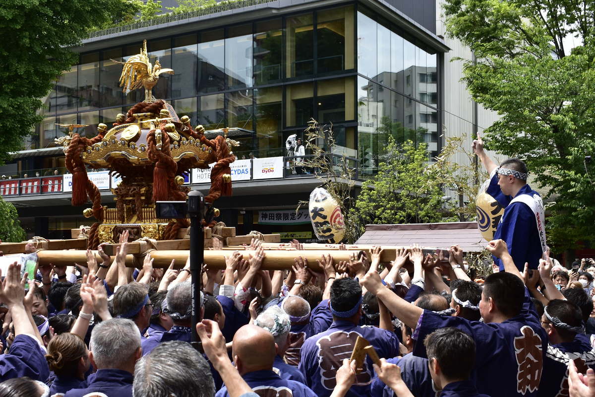A gilded portable shrine hoisted in the street during Kanda Matsuri: a golden phoenix on the roof, thick rope lashed around the body, dozens of raised hands gripping the carrying beam, bearers in matching indigo happi coats, and a man standing above them with an arm raised, in front of the glass frontage of the EDOCCO culture complex