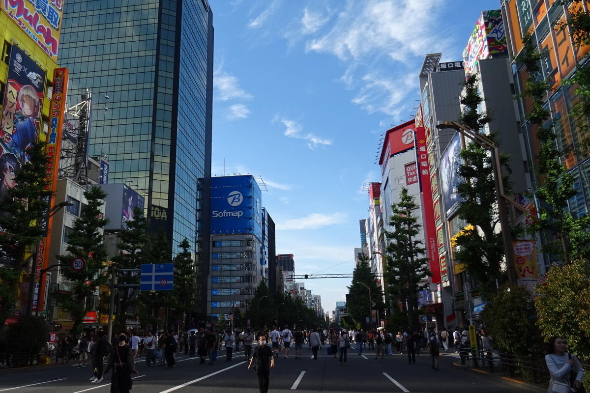 Akihabara Chuo-dori closed to traffic, pedestrians walking down the middle of the four-lane carriageway, large electronics and anime store signage including Sofmap and Sakaguchi Dennetsu on both sides, and a blue road sign for Ueno in the distance