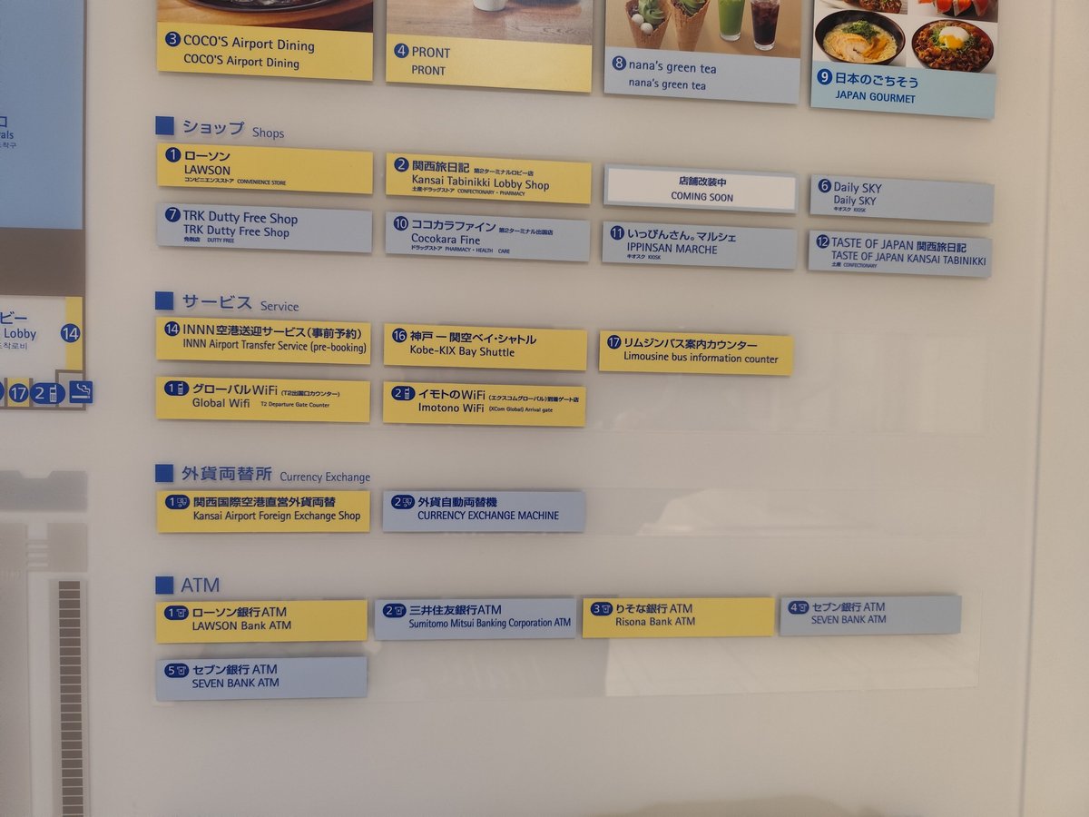 第 2 航廈館內的店家看板：餐飲區有 COCO'S Airport Dining、PRONT、nana's green tea、日本のごちそう；商店區有 Lawson、関西旅日記、Daily SKY、TRK Duty Free Shop、ココカラファイン、いっぴんさん。マルシェ、TASTE OF JAPAN 関西旅日記；下面是服務、外幣兌換與 ATM 的清單