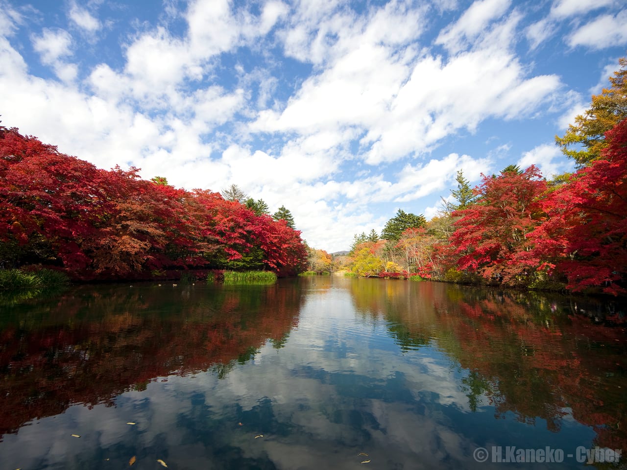 Autumn foliage reflected in Kumoba Pond, Karuizawa