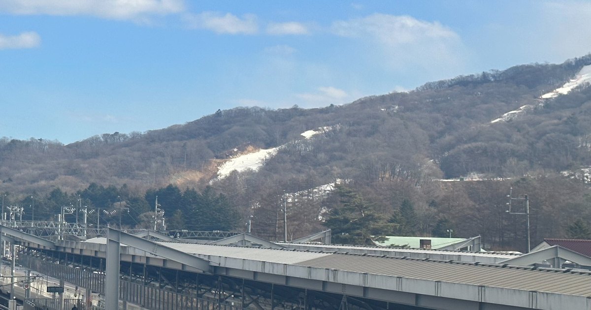 從輕井澤站看雪場的山坡：整片褐色樹林裡只有三、四道白色雪道，前景是新幹線月台的屋頂