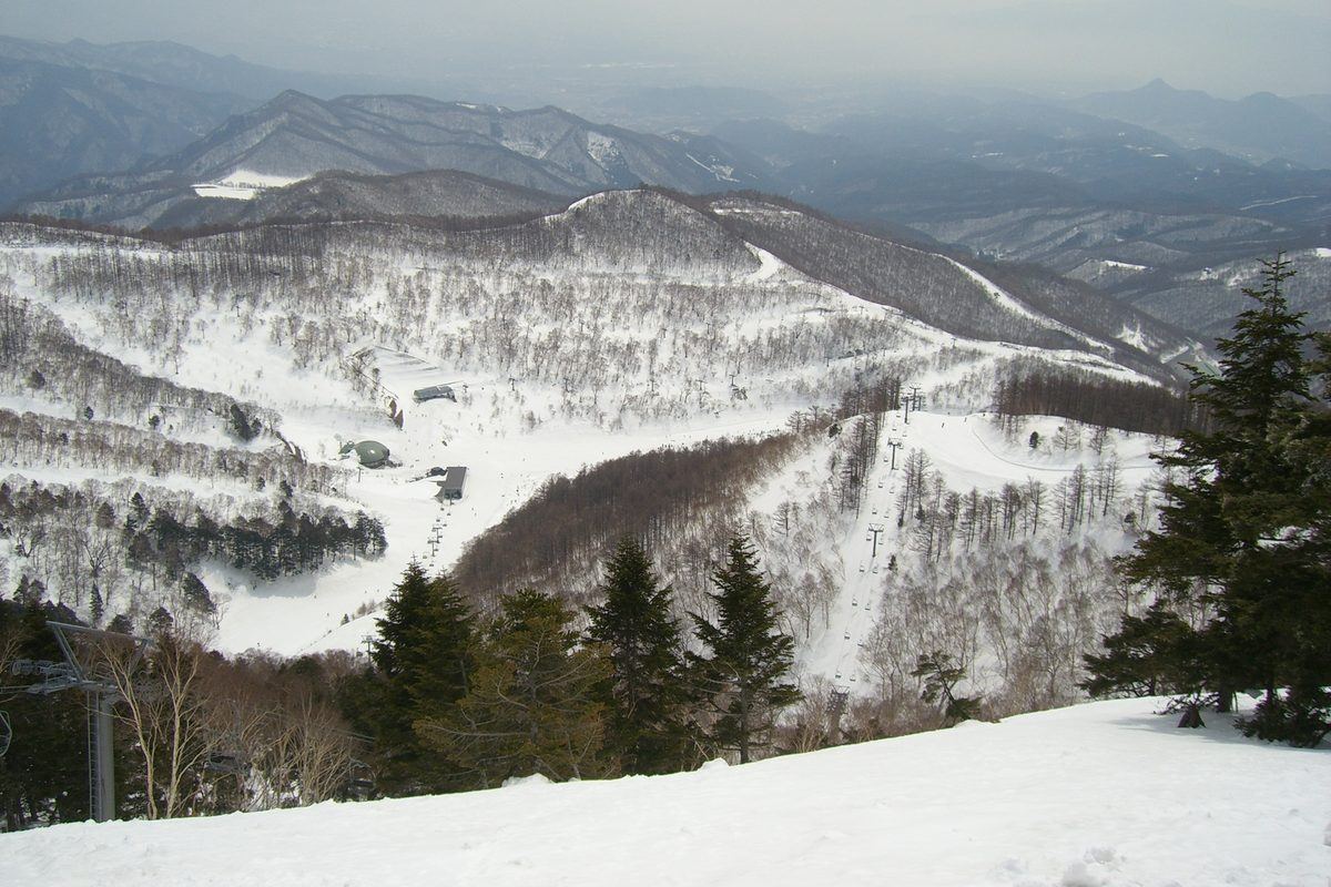從川場滑雪場上部往下俯瞰:前景是雪坡與針葉樹,下方山谷裡是雪場底部的建物與圓頂小屋,幾條吊椅纜車沿著雪道往上拉,遠方是層層山稜與霧濛濛的平地
