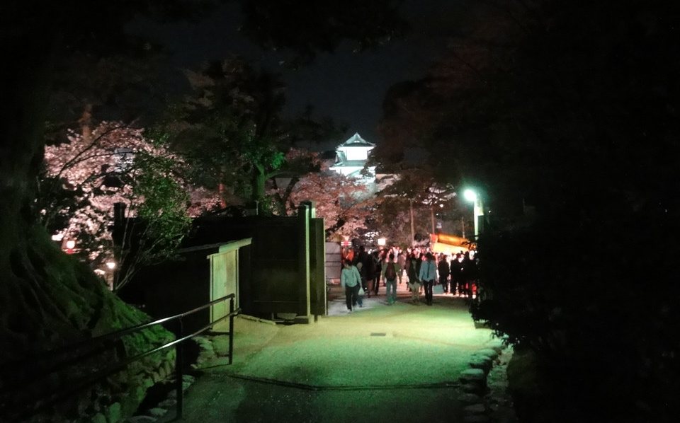 夜間從兼六園內的下坡園路往出口看：門外擠著人潮與紅色帳篷的燈光，後方是打上燈的櫻花與金澤城石川門的白色櫓樓