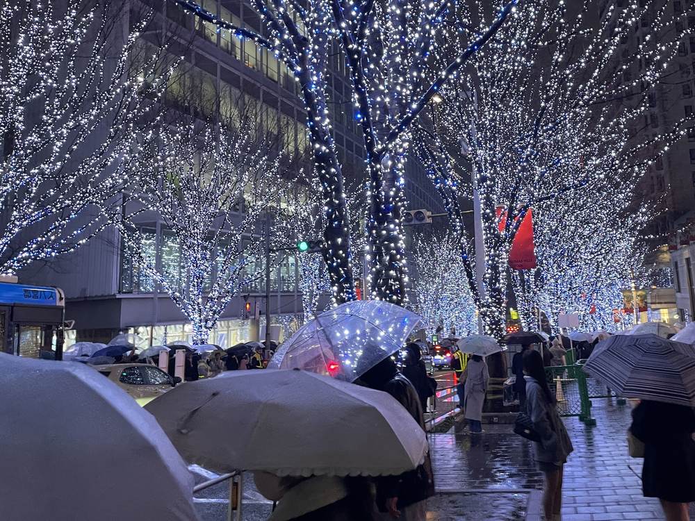 Roppongi Keyakizaka on a rainy night: street trees covered in white and blue bulbs, the sidewalk below packed with people under umbrellas, a Toei bus parked on the left
