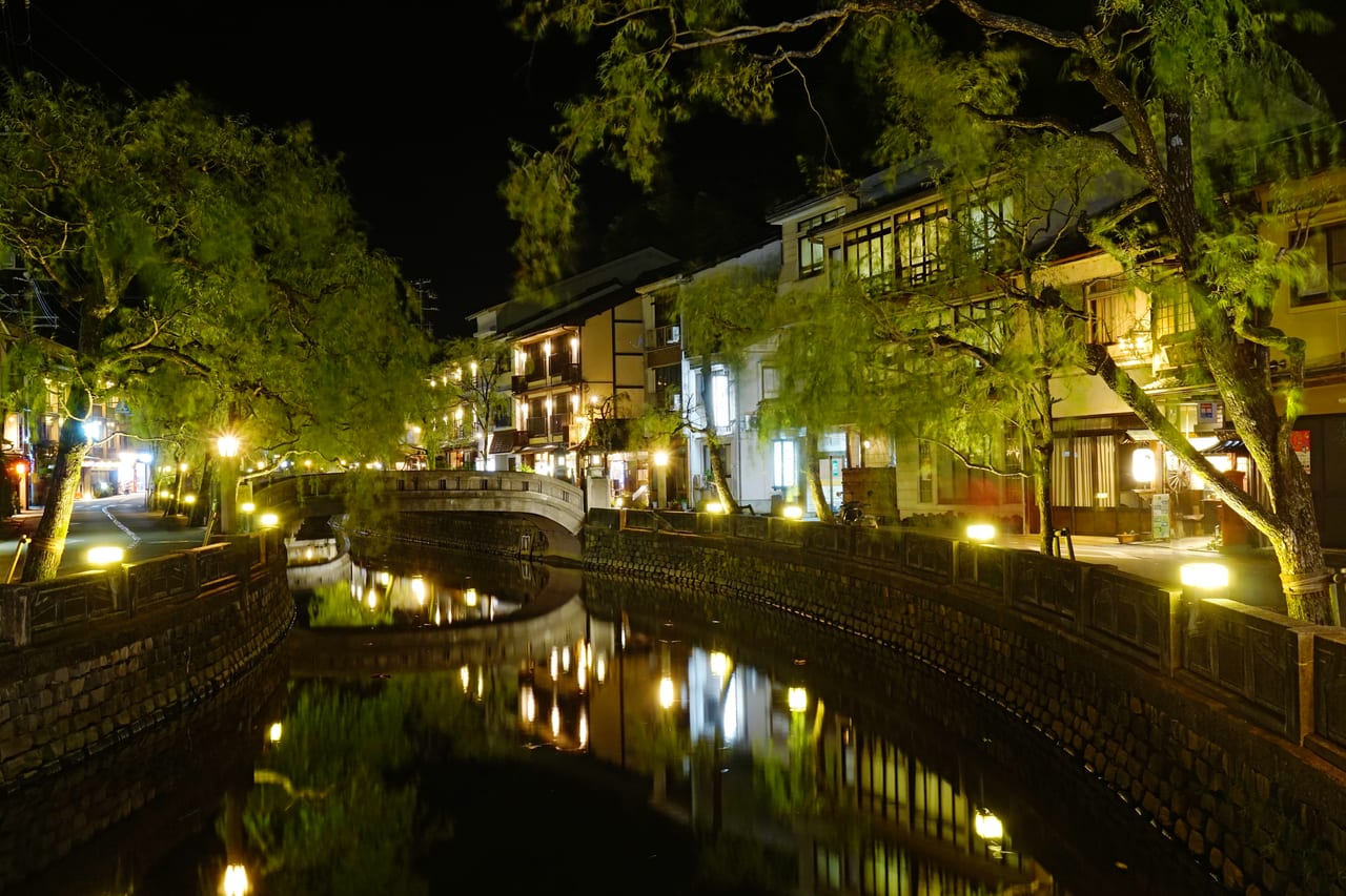 城崎溫泉大谿川垂柳夾岸的溫泉街景，穿浴衣巡外湯的代表畫面