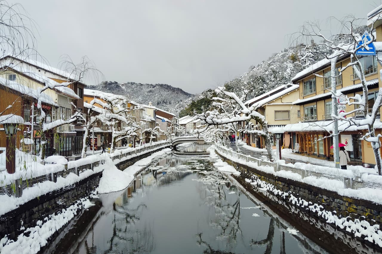 城崎溫泉大谿川兩岸的垂柳與石橋，溫泉街的代表風景