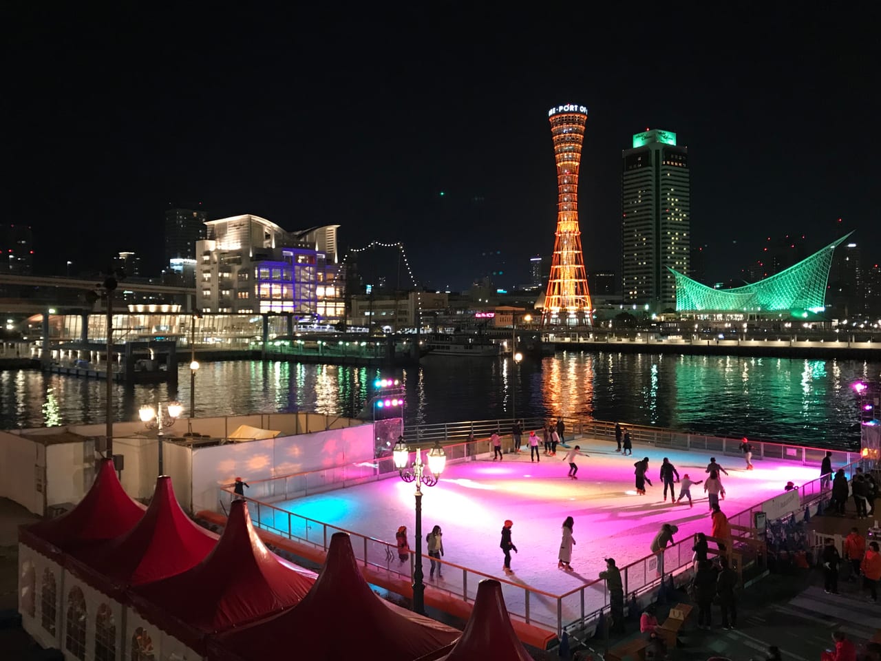 Kobe Port Tower and the Harborland waterfront lit up at night
