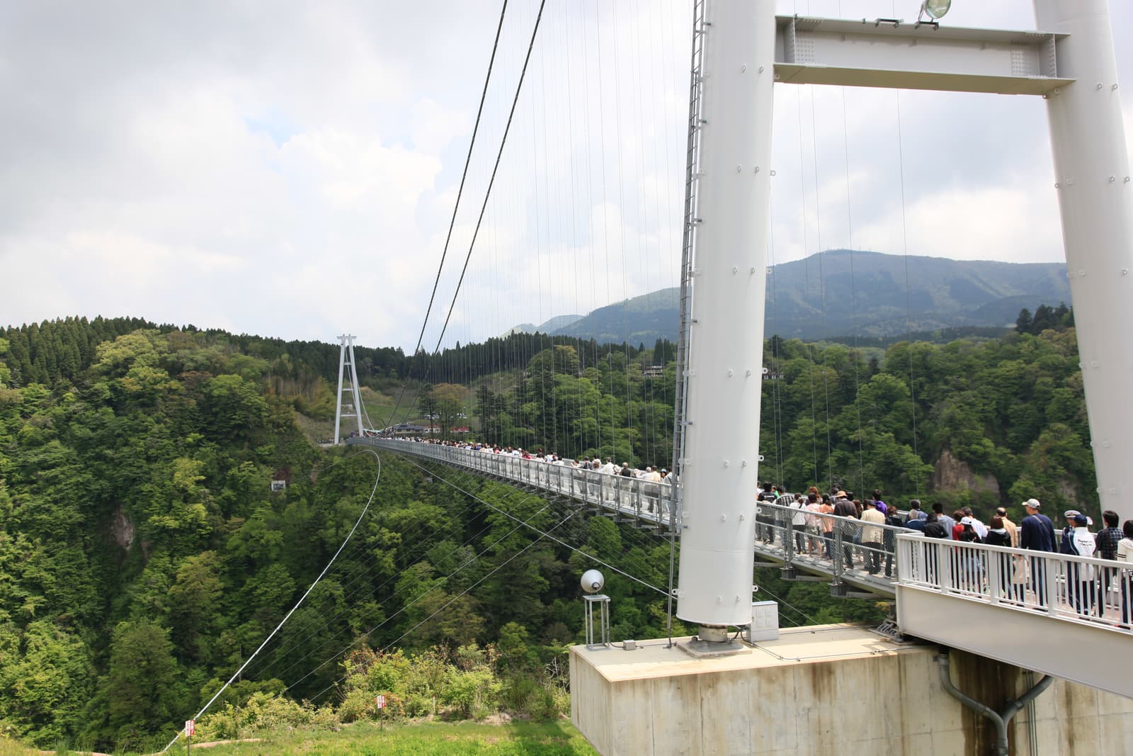 The Kokonoe Yume Otsurihashi spanning the Naruko River gorge, its deck 173 metres above the water — Japan's highest pedestrian suspension bridge