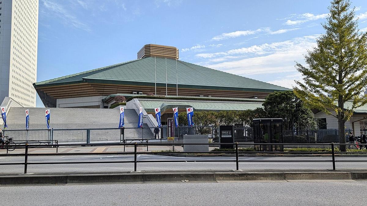 The Ryogoku Kokugikan seen from across Kokugikan Street: a green hipped tile roof topped by a gold-brown square cupola, a row of blue vertical banners along the white stone wall, and a ginkgo tree in autumn yellow to the right