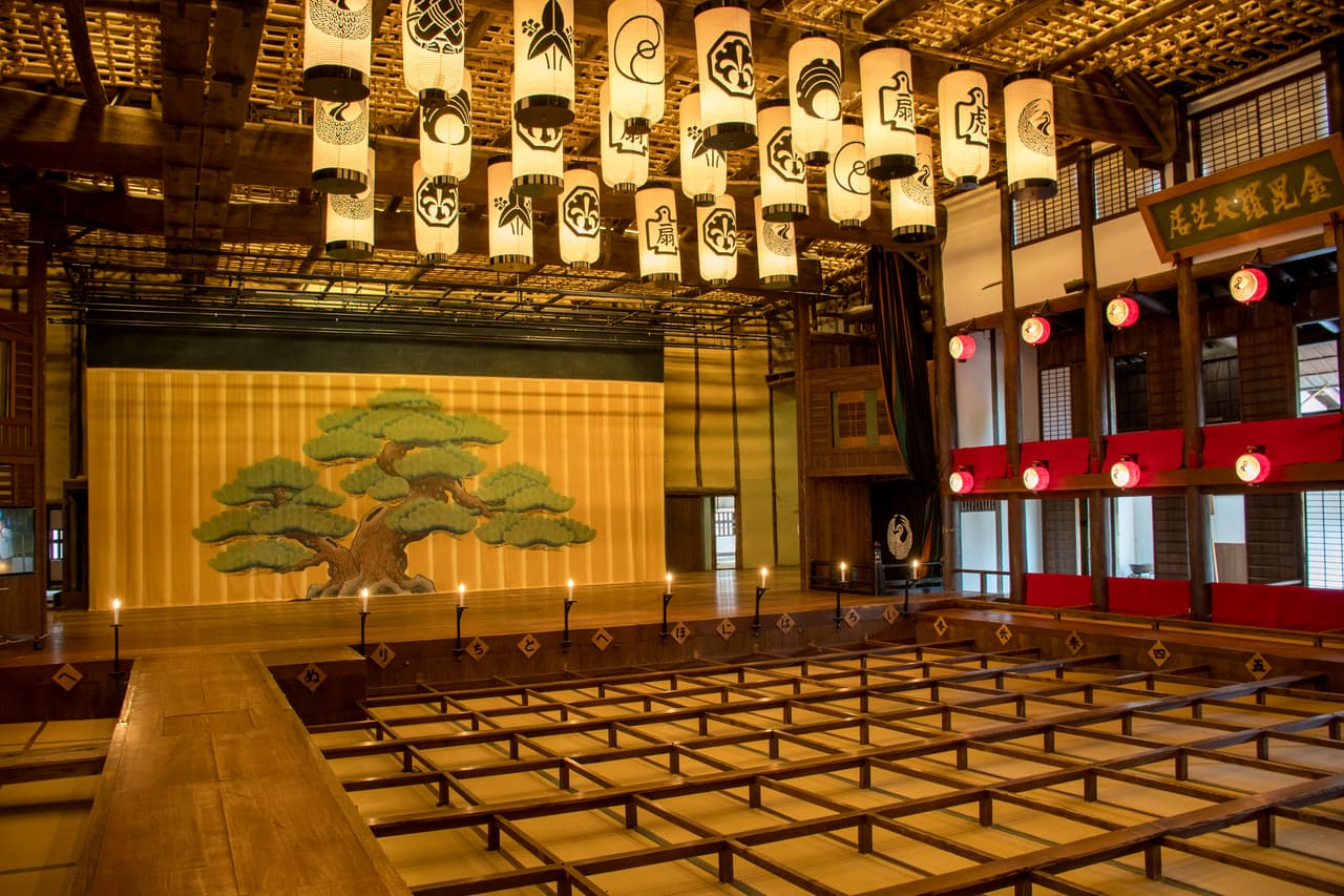 The kabuki stage and wooden seating of Kanamaruza, the old Konpira playhouse