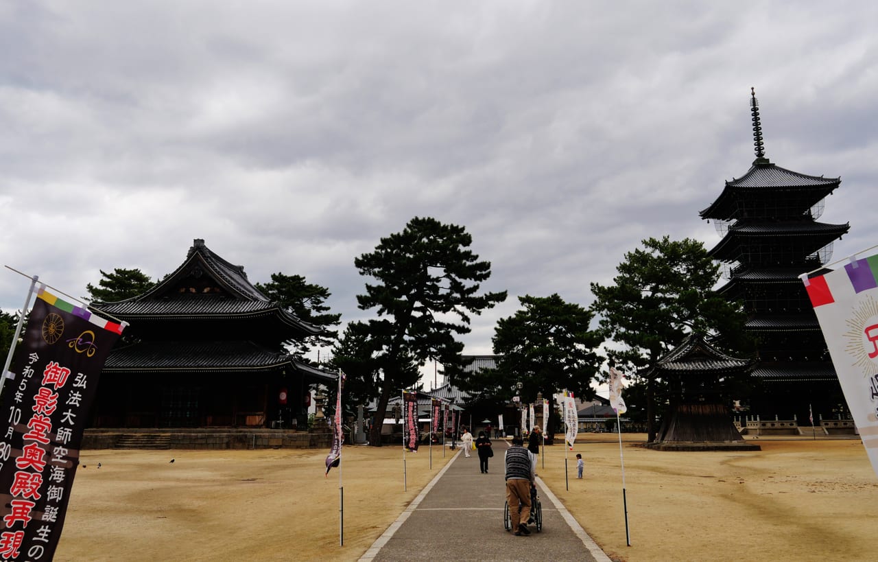 The main hall and five-story pagoda of Zentsuji temple, the birthplace of Kukai