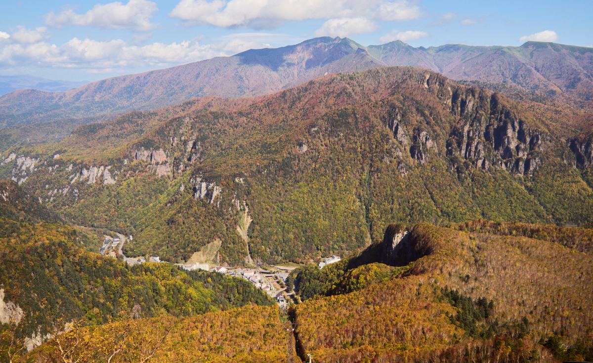 北海道大雪山黑岳高處秋季俯瞰:谷底層雲峽溫泉街與纜車路線、兩側柱狀斷崖與金黃紅褐秋林,遠方大雪山稜線