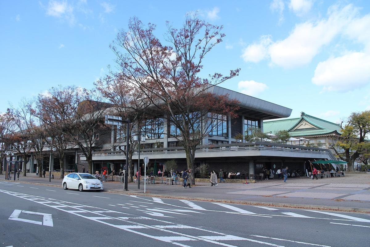 秋天的ロームシアター京都,深灰色大屋簷的現代建築,一樓是開放的咖啡座與書店,右後方露出綠色屋頂的建築,前面是路口與斑馬線