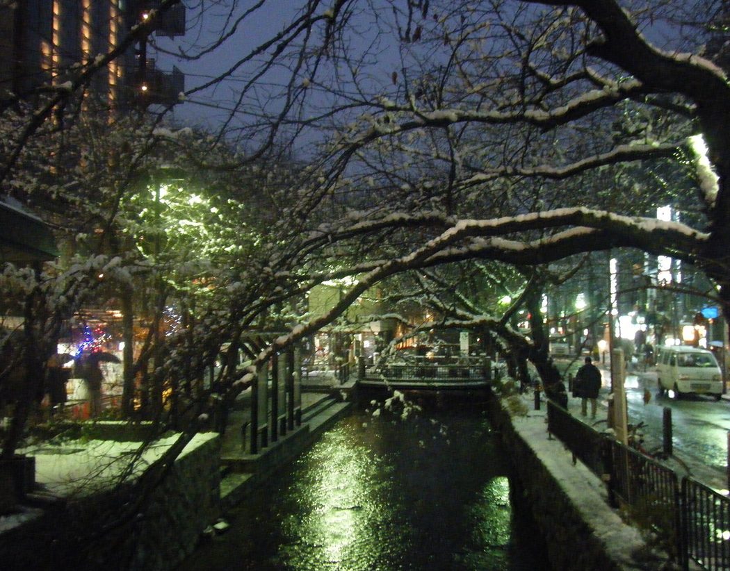 夜裡的高瀬川：兩岸的櫻樹橫枝與石造護欄上積著一條白雪，水面映著對岸的燈，右邊的柏油路面是濕黑的、完全沒雪，遠處一台白色廂型車