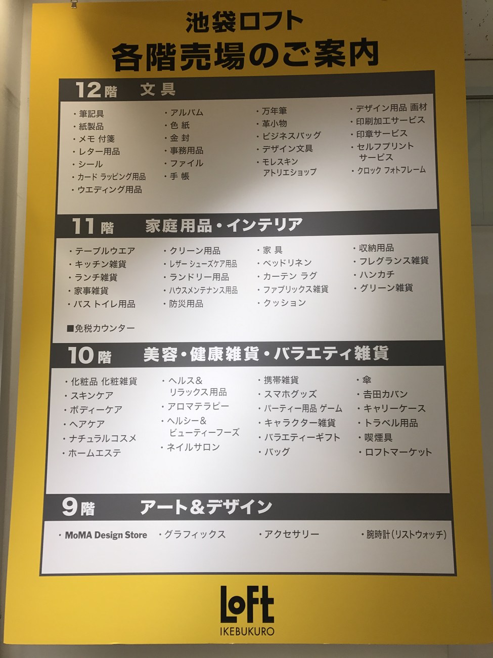 Yellow Japanese department store floor guide sign, with a tax-free counter listed on the eleventh floor