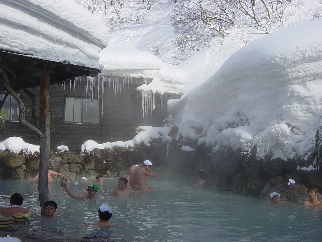 日本頂級溫泉旅館的私人露天風呂,石造湯池與山林背景,奢華旅遊的經典畫面