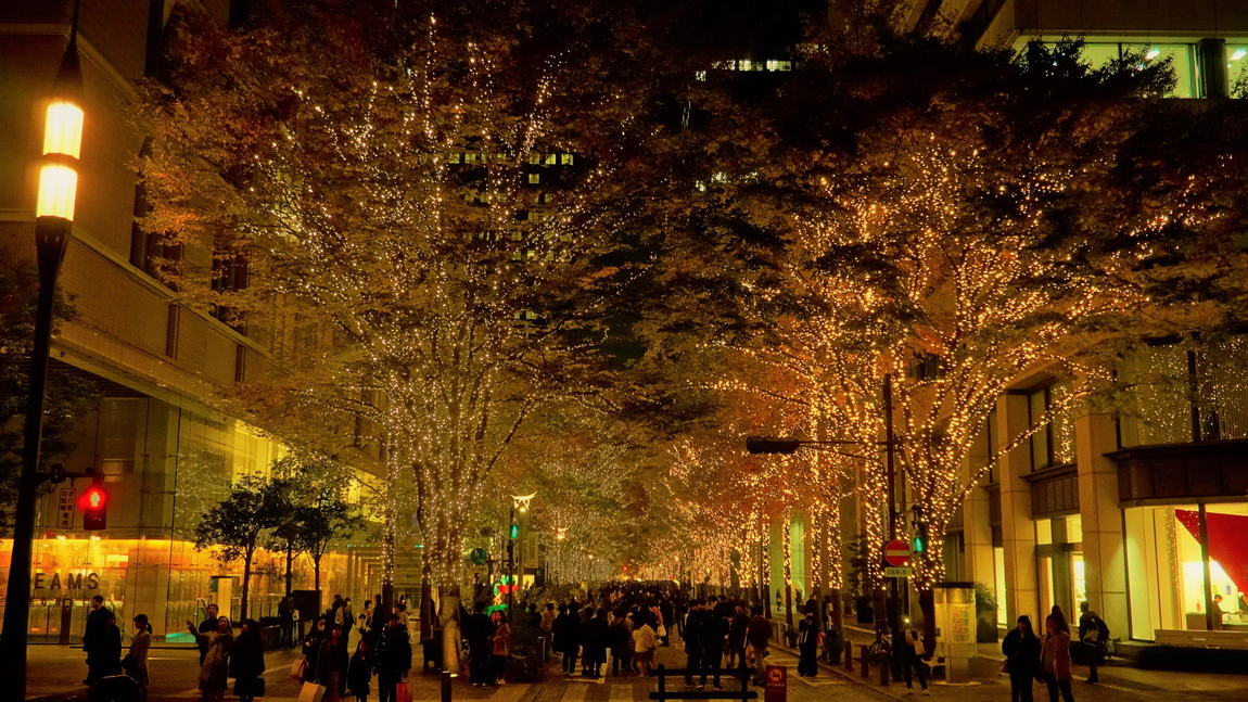 Marunouchi Naka-dori at night, two rows of street trees wrapped in warm gold LEDs forming a tunnel of light above pedestrians in winter coats