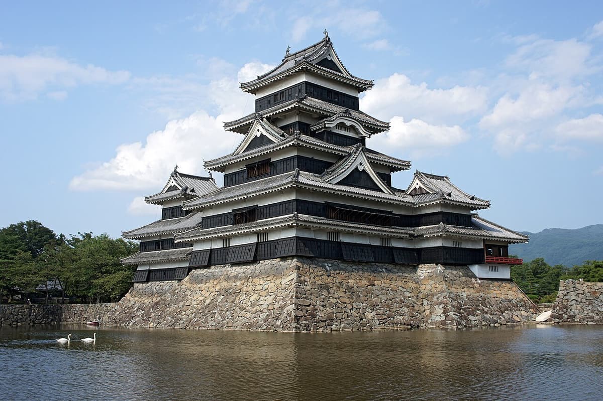The black five-tiered keep of National Treasure Matsumoto Castle and its moat