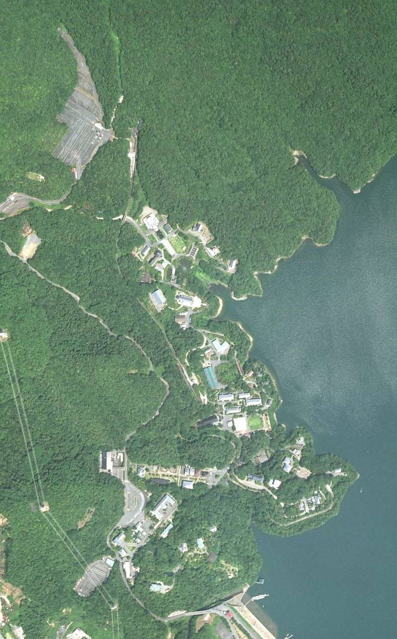 Aerial photograph showing the Meiji-mura buildings strung out as a thin line through dark green woodland along the shore of a large body of water, rather than gathered into a block