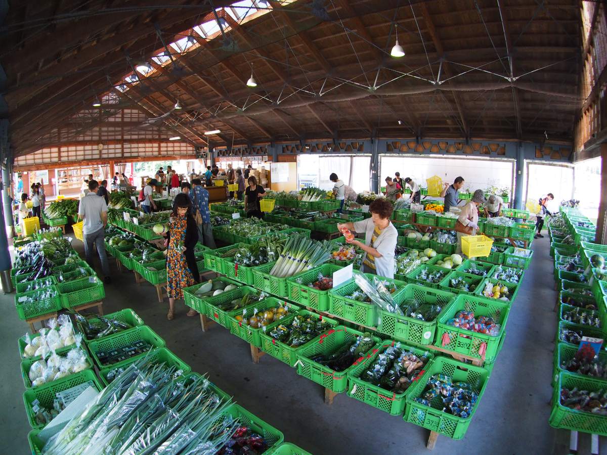 Inside the farmers' market hall of a Japanese roadside station: dozens of green crates on wooden stands hold bagged leeks, cucumbers, aubergines, squash and tomatoes with handwritten price tags, while shoppers with yellow baskets browse the aisles.