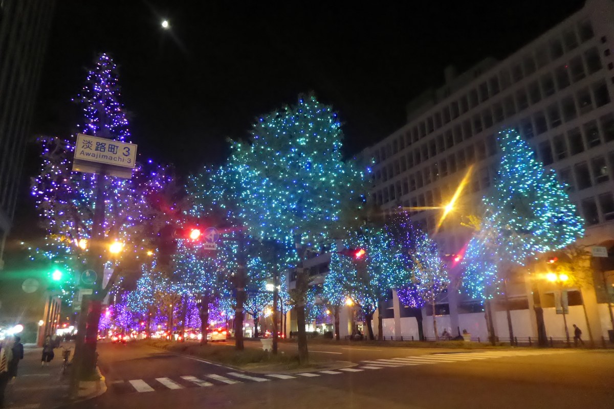 Midosuji at Awajimachi 3-chome at night, street trees wrapped in blue and violet lights receding south along the boulevard