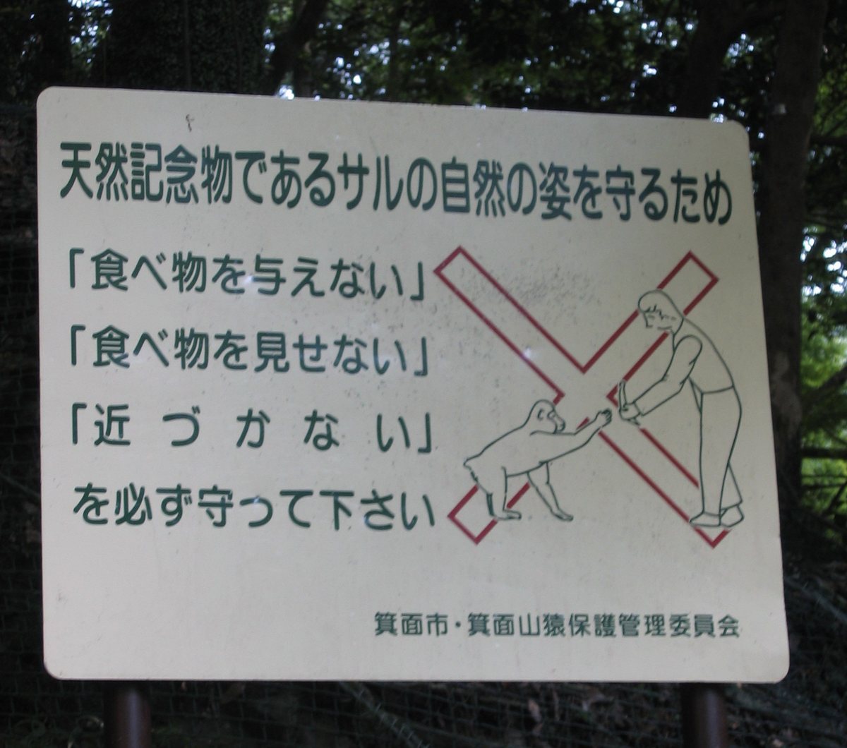 箕面公園的猴子告示牌，綠字日文列出不給食物、不讓猴子看到食物、不靠近三條規矩，旁邊是人餵猴子被紅色叉號劃掉的插圖