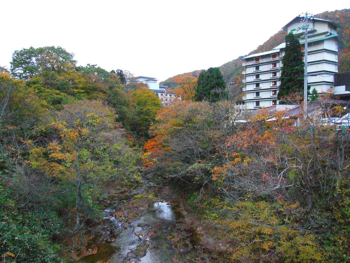 從橋上往下看作並溫泉的廣瀨川溪谷:河道在岩石間流過,兩岸的樹葉轉成黃、橙、紅色,右上方的山坡上是一棟白色的多層溫泉旅館,左後方還有幾棟旅館建築