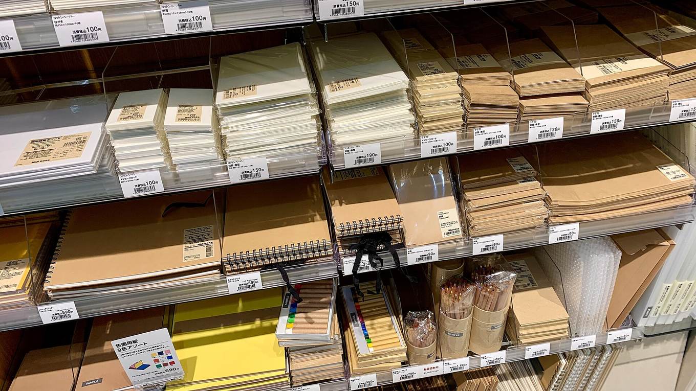 Price labels on a MUJI shelf edge beside stacked products