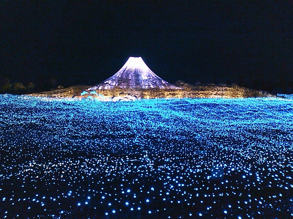 The themed area at Nabana no Sato in winter 2010: a field of blue LEDs with a white-lit Mount Fuji set piece at its centre and bird silhouettes at its base