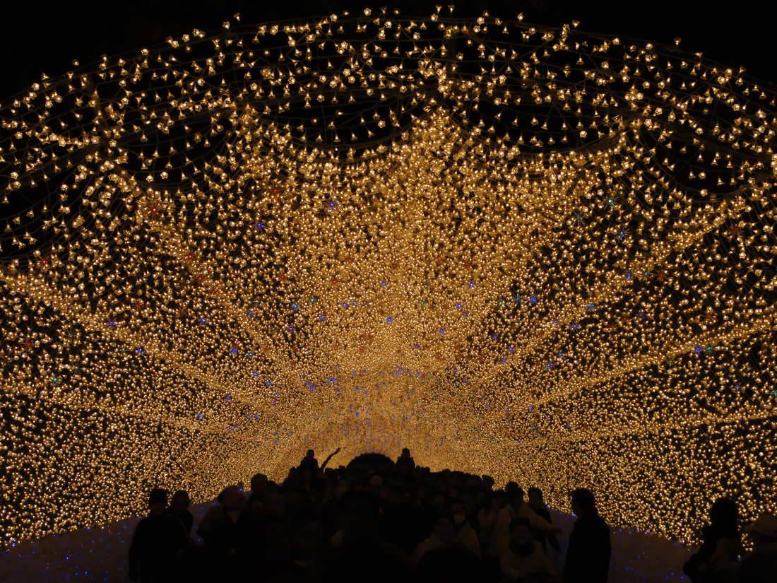 Inside Nabana no Sato's tunnel of lights, an arched canopy packed with warm gold LED bulbs, with visitors in silhouette at the far end