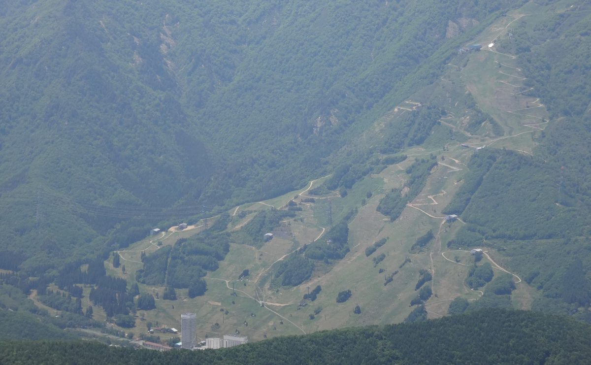 5 月底從平標山山頂往下看苗場滑雪場:整片山坡是綠色草地和樹林,雪道變成一條條淺色草坡和之字形的作業道路,左下角山腳有一棟高塔樓和幾棟白色建物
