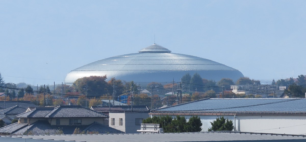 從遠處望向ホワイトリング:銀白色、像飛碟一樣的圓頂體育館浮在一片住宅屋頂與紅葉後面,背景是霧藍色的山