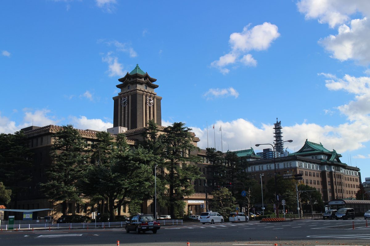 名古屋市役所與愛知縣廳:左邊是有綠色屋頂鐘塔的褐色市役所本館,右後方是屋頂同樣是綠色和風屋簷的愛知縣廳,前景是寬闊的路口