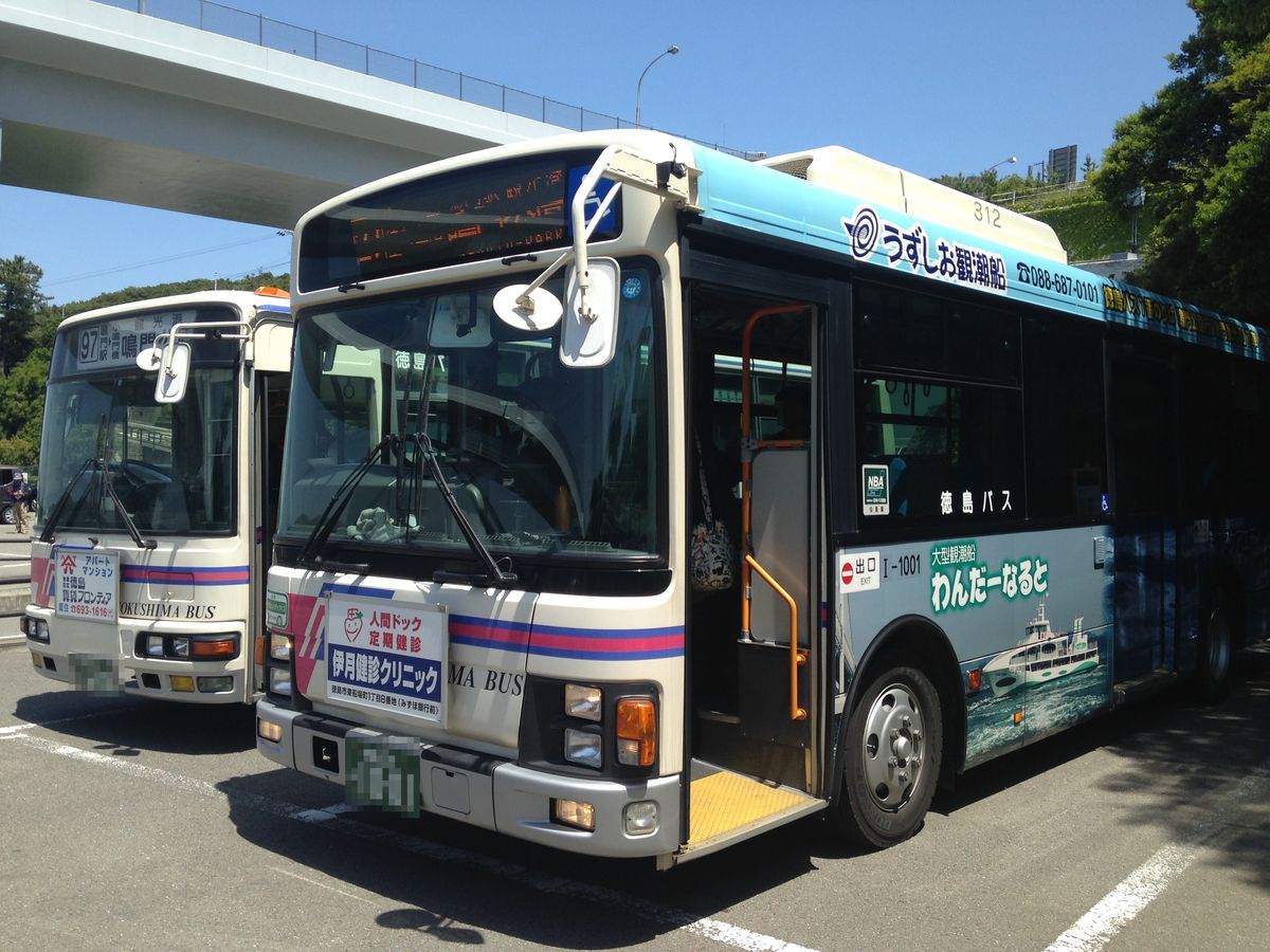 停在鳴門公園巴士站的兩輛徳島巴士路線巴士,前面那輛車身漆著觀潮船「わんだーなると」的廣告,後方是高架橋
