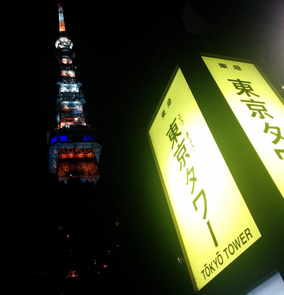 The illuminated Tokyu bus stop sign for Tokyo Tower at night, with the floodlit tower behind it