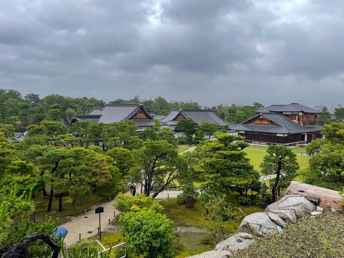 從二條城天守台往下看本丸:松樹與庭園步道後方是本丸御殿一整排灰瓦屋頂的建築群,右側有一棟較高的樓閣,前景是天守台邊緣的石塊,天空陰沉