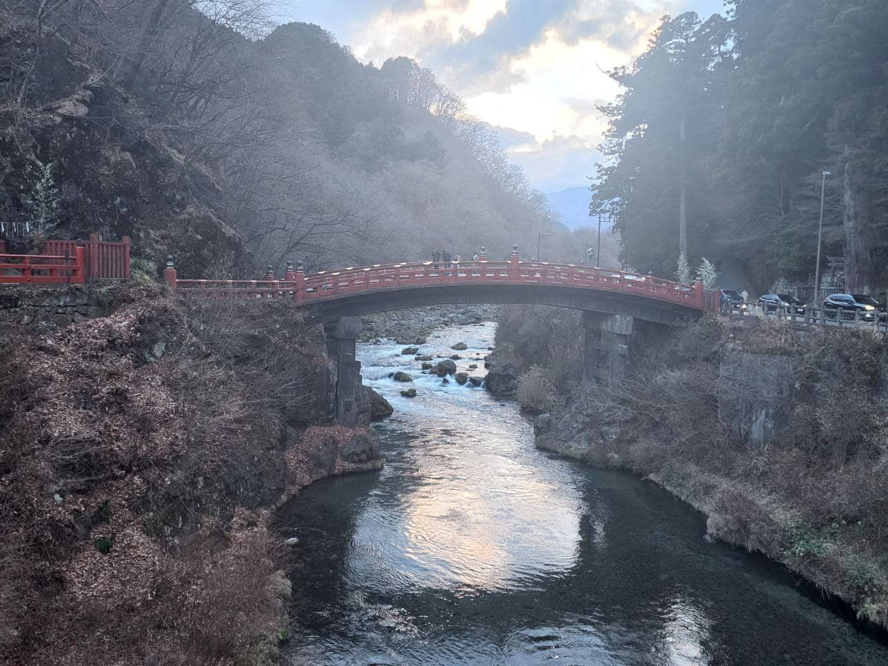 The vermilion Shinkyo bridge over the Daiya River in Nikko