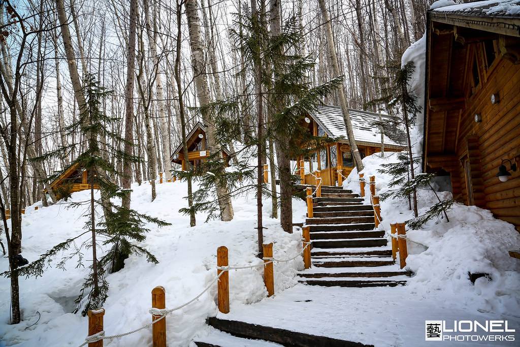 積雪的白樺林斜坡上散落著幾棟原木小屋,中間一道鏟過雪的木階梯往上通到小屋門口,兩側立著纏麻繩的木樁,雪堆比欄杆還高