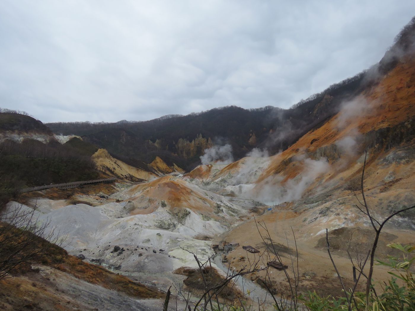 登別溫泉地獄谷：灰白與橘褐色的火山地形冒著白色蒸氣，左側山坡上有一條木棧步道，背景是陰天與冬枯的樹林