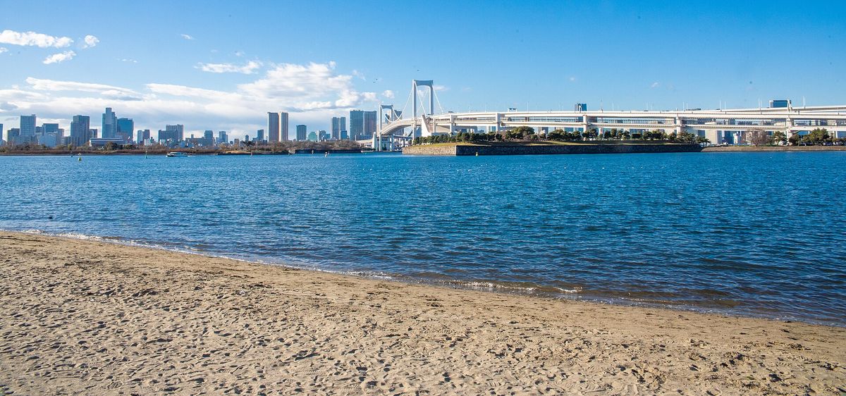 12 月晴天下午的御台場海濱公園沙灘：前景是佈滿腳印的黃色沙地，中間是藍色的海面，對岸是白色的彩虹橋、高架引道與市區的高樓，畫面裡沒有人