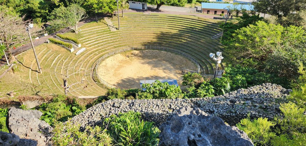 從安慶名城跡的石牆上往下看露天的安慶名闘牛場:圓形沙地場地四周是長著草的階梯式看台,前景是灰色的石灰岩與綠色植物