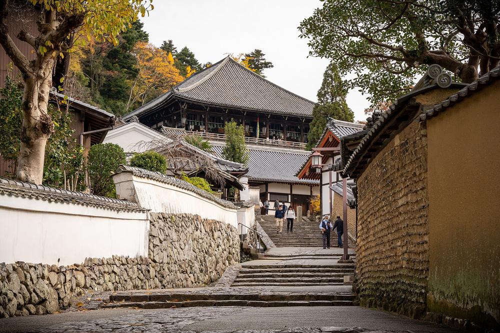 二月堂裏參道:石板坡道夾在左邊的白色土牆與右邊的黃土瓦片牆之間,一段一段的石階往上,盡頭高處就是二月堂的大屋頂與舞台欄杆,幾位遊客正從石階走下來,樹上有黃葉