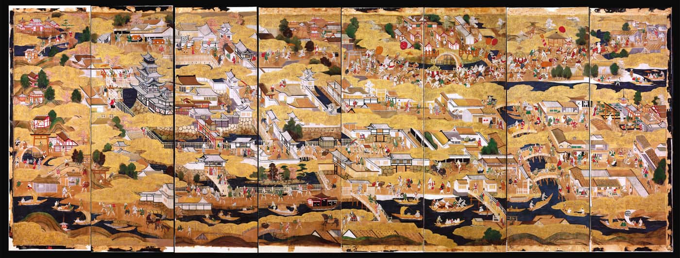 大坂図屏風描繪的豐臣時代大坂城下町全景，可見第一代天守與武家屋敷、河川舟運