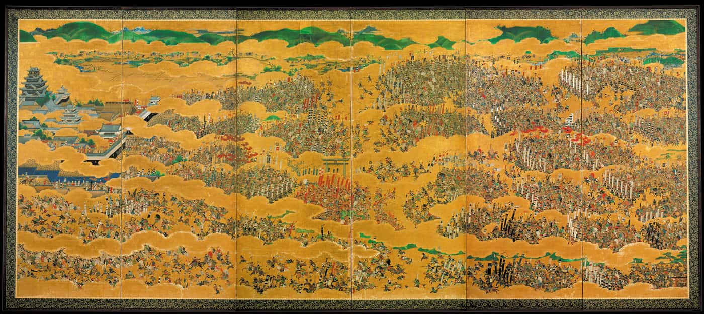 大坂夏の陣図屏風（黒田屏風）描繪 1615 年大坂夏之陣，畫面可見燒失前的第一代天守